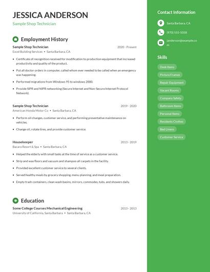Sample Shop Technician Resume