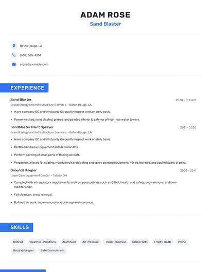 Sand Blaster Resume