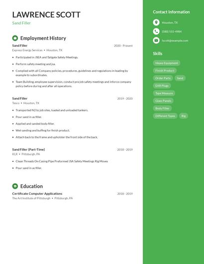 Sand Filler Resume