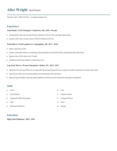 Sand Hauler Resume