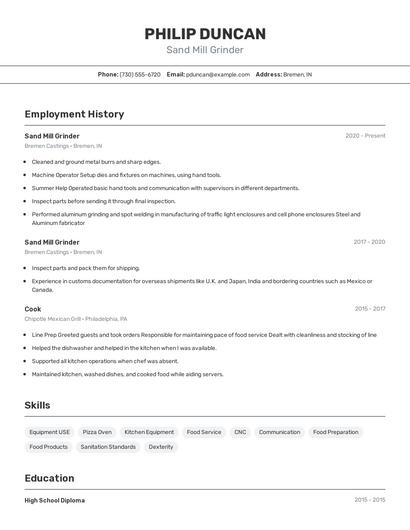 Sand Mill Grinder Resume