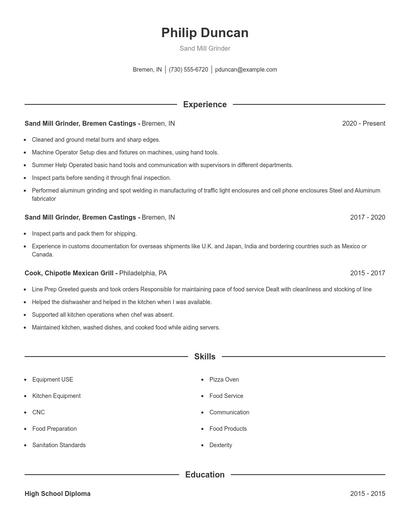 Sand Mill Grinder Resume