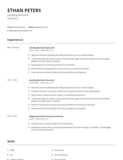 Sanding Machine Operator Resume