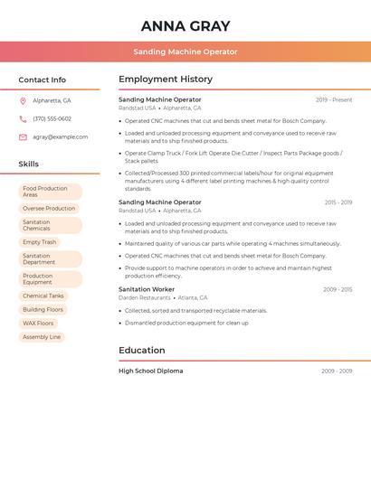 Sanding Machine Operator Resume