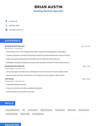 Sanding Machine Operator Resume