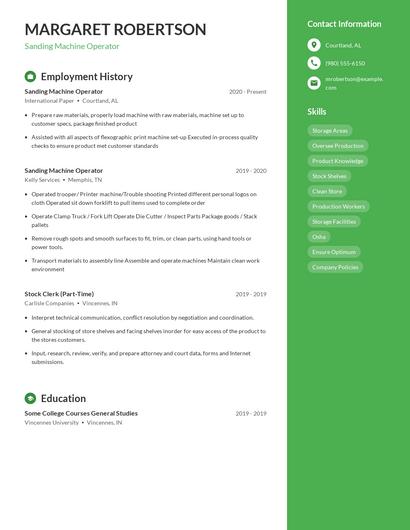 Sanding Machine Operator Resume
