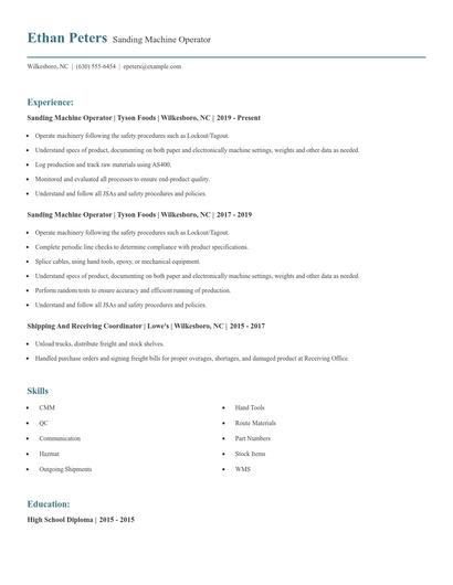 Sanding Machine Operator Resume