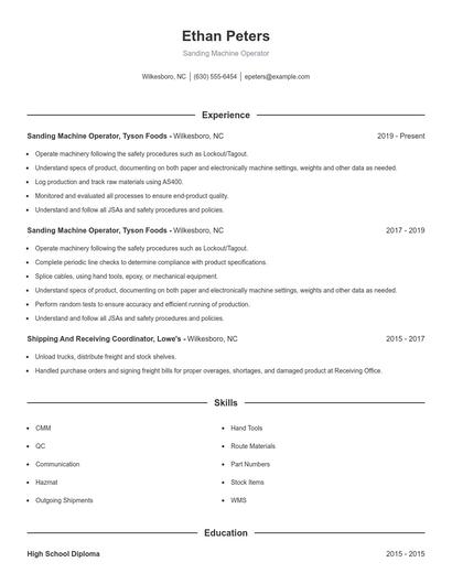 Sanding Machine Operator Resume