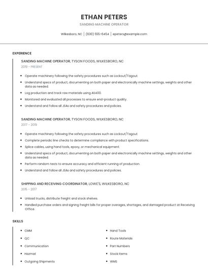 Sanding Machine Operator Resume