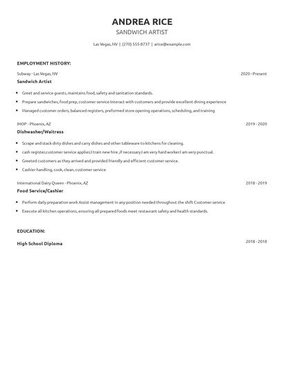 Sandwich Artist Resume