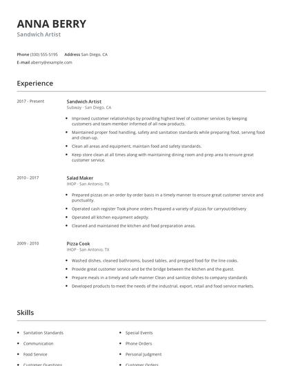 Sandwich Artist Resume
