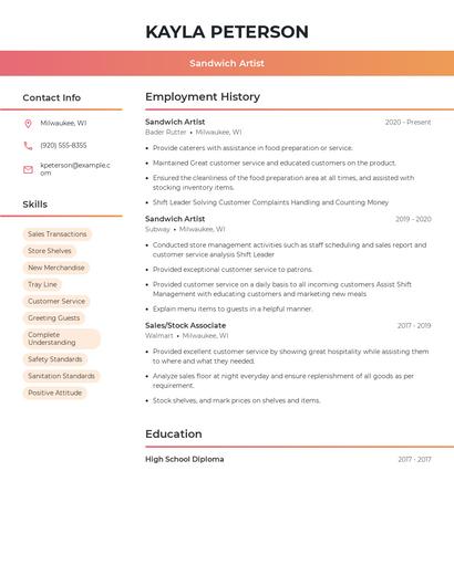 Sandwich Artist Resume