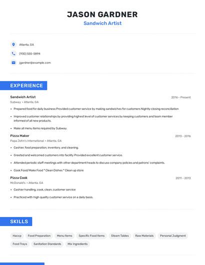 Sandwich Artist Resume