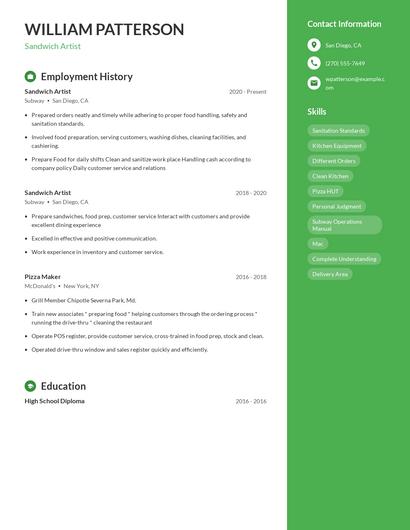 Sandwich Artist Resume
