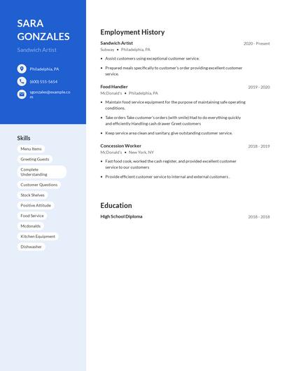 Sandwich Artist Resume