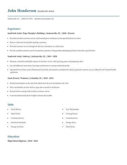 Sandwich Artist Resume