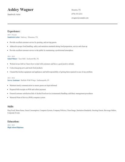 Sandwich Artist Resume
