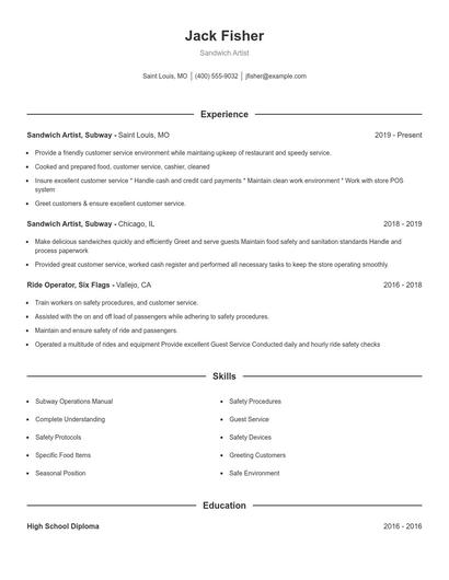 Sandwich Artist Resume