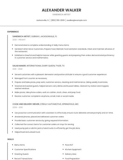 Sandwich Artist Resume
