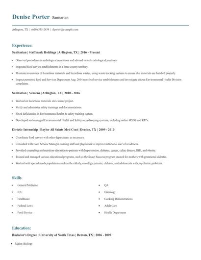 Sanitarian Resume