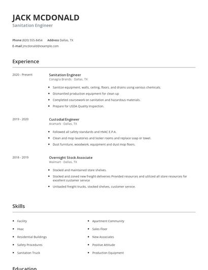 Sanitation Engineer Resume
