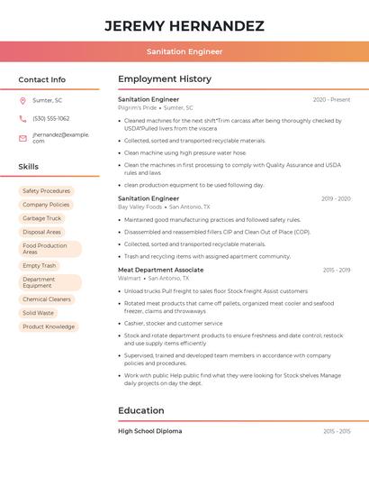 Sanitation Engineer Resume