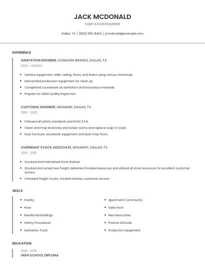 Sanitation Engineer Resume