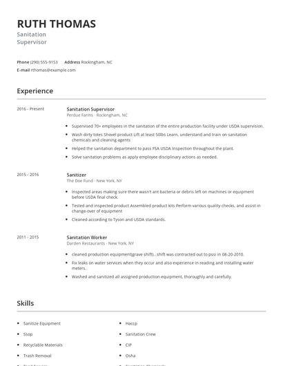 Sanitation Supervisor Resume