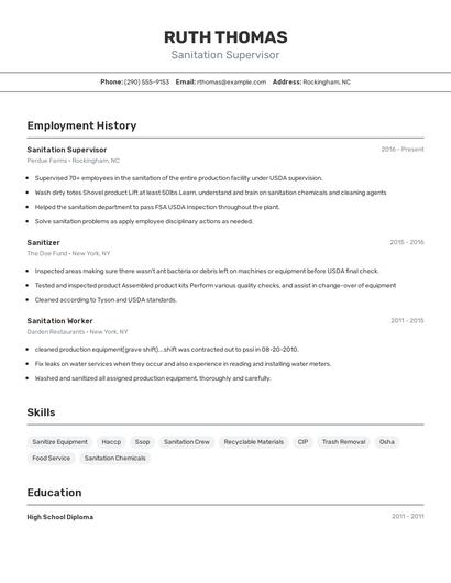 Sanitation Supervisor Resume