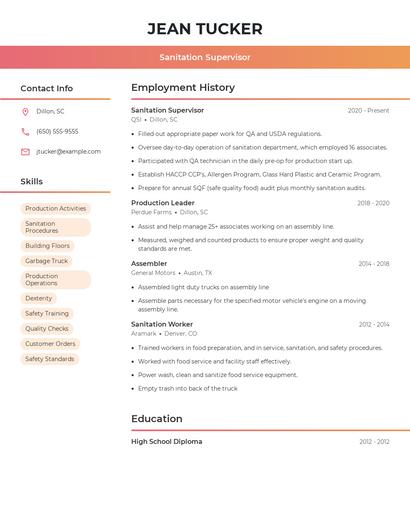 Sanitation Supervisor Resume