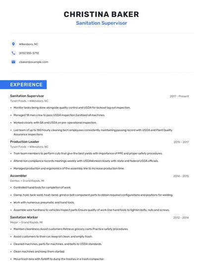 Sanitation Supervisor Resume