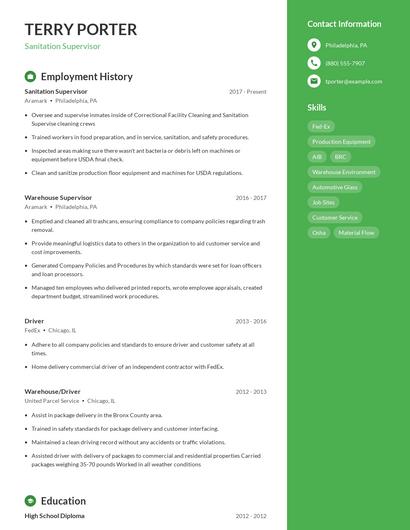 Sanitation Supervisor Resume