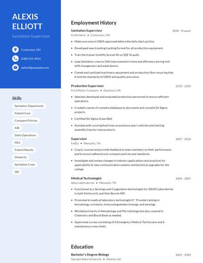 Sanitation Supervisor Resume