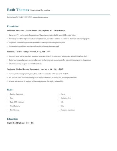 Sanitation Supervisor Resume