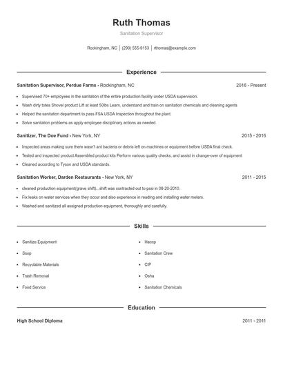 Sanitation Supervisor Resume
