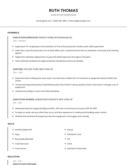 Sanitation Supervisor Resume