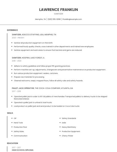 Sanitizer Resume
