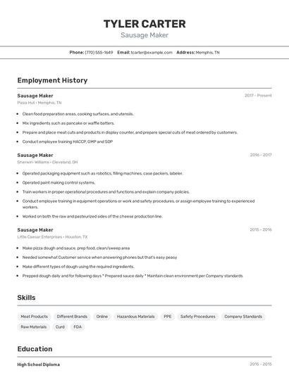 Sausage Maker Resume