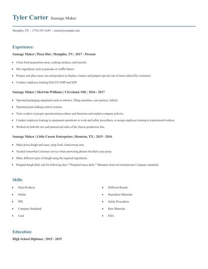 Sausage Maker Resume