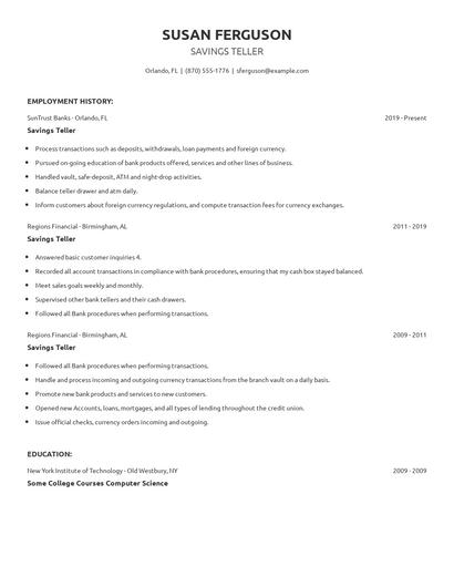 Savings Teller Resume