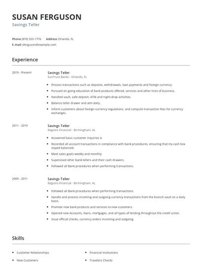 Savings Teller Resume