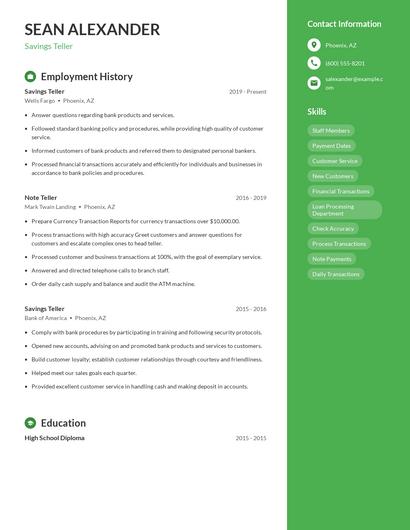 Savings Teller Resume