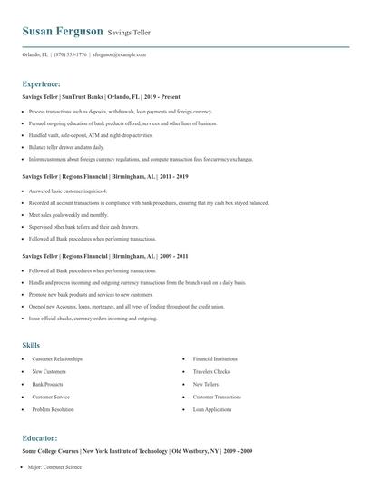 Savings Teller Resume