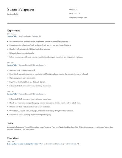 Savings Teller Resume