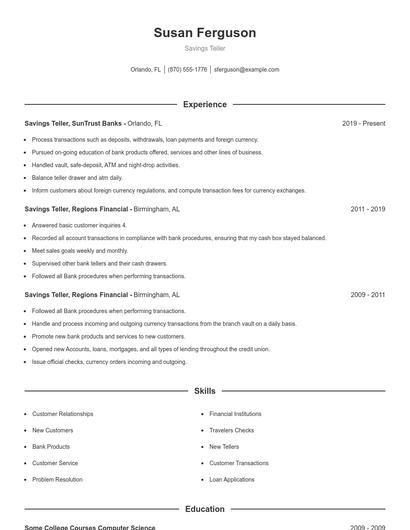 Savings Teller Resume
