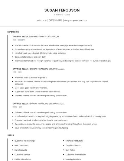 Savings Teller Resume