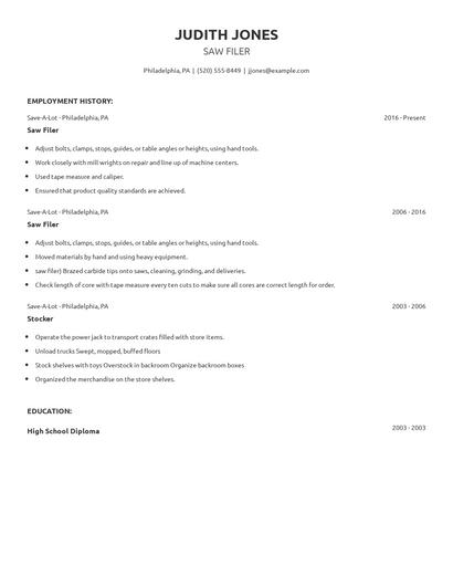 Saw Filer Resume