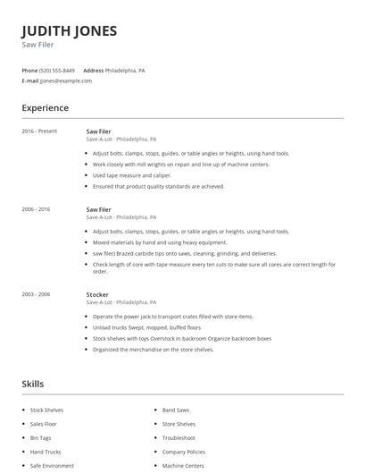 Saw Filer Resume