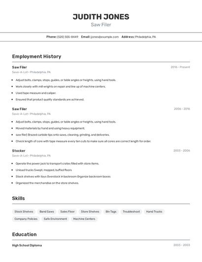 Saw Filer Resume