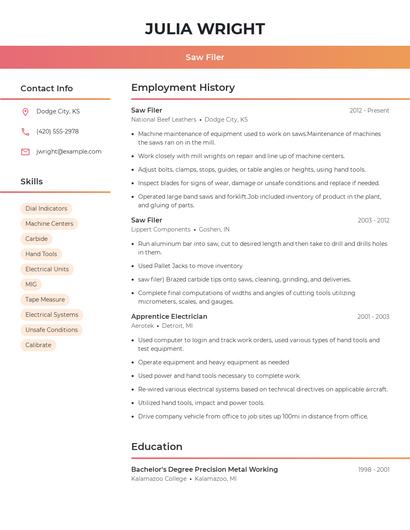 Saw Filer Resume